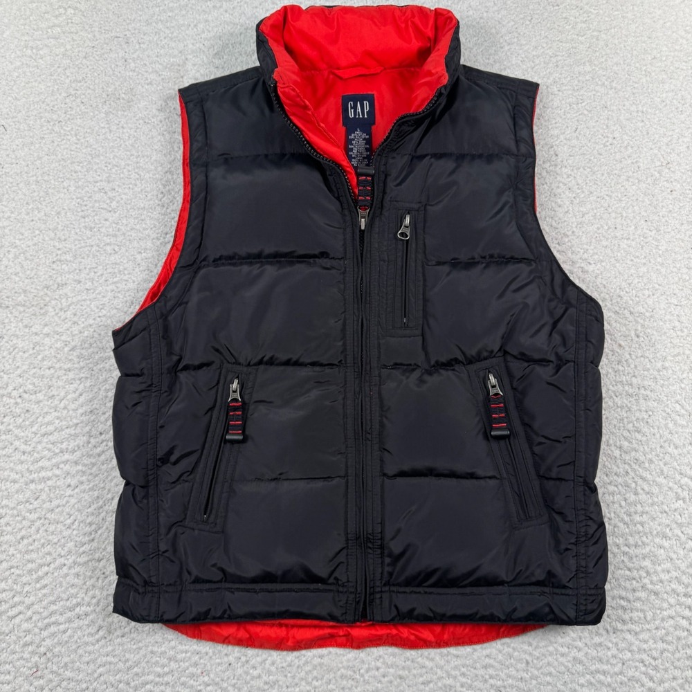 GAP Down Puffer Vest Womens Large Quilted Insulated Full Zip‎ Black Red Lining